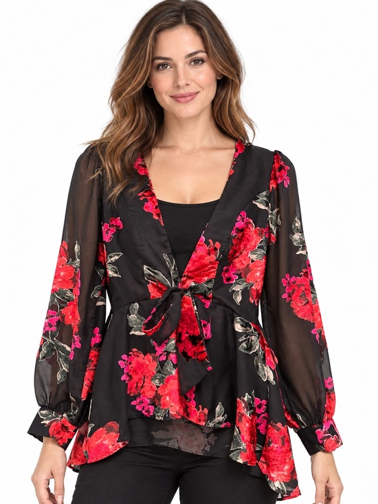 Gianni Bini Tops - Velvet Burnout Dark Floral Sheer V Neck Floral Tie-Front Blouse Kimono Sz M